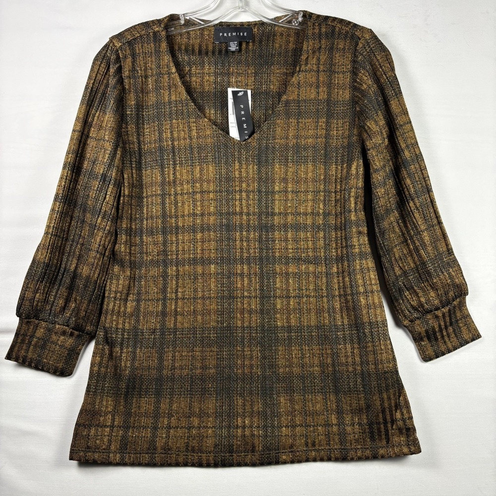 Premise womens Brown/black/Gold Scrunch Neck Drop‎ Needle Top Long Sleeve XS NWT